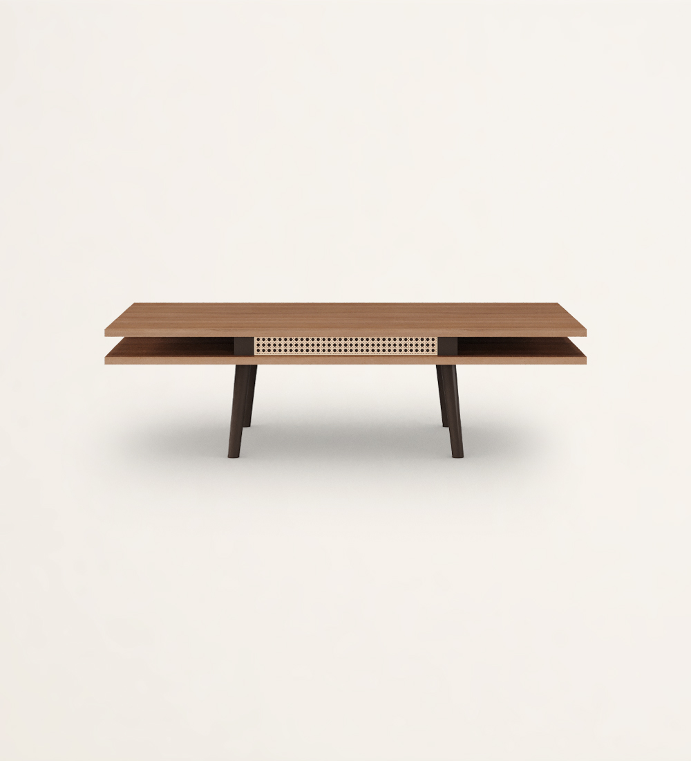 Rectangular center table, rattan detail, with two walnut tops and dark brown lacquered legs.