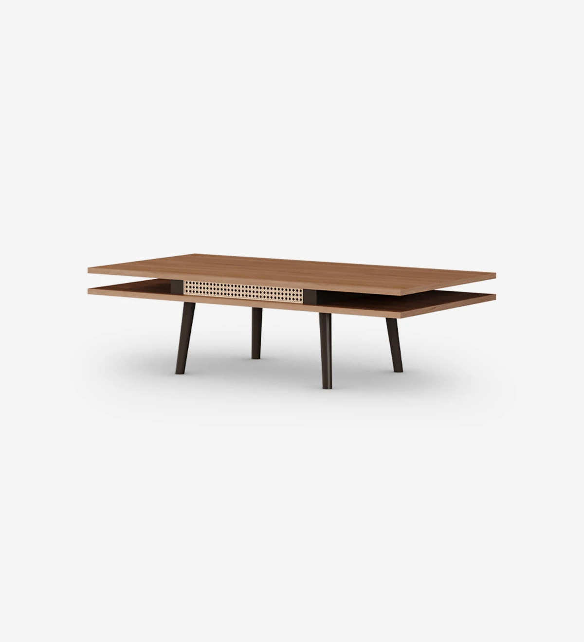 Table basse Malmo rectangulaire, détail en rotin, 2 plateaux en noyer et pieds laqués marron foncé, 120 x 60 cm.