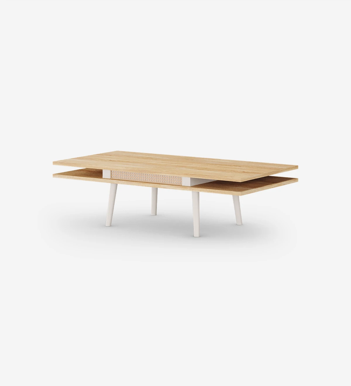 Table basse Malmo rectangulaire, détail en rotin, 2 plateaux en chêne naturel et pieds laqués perles, 120 x 60 cm.
