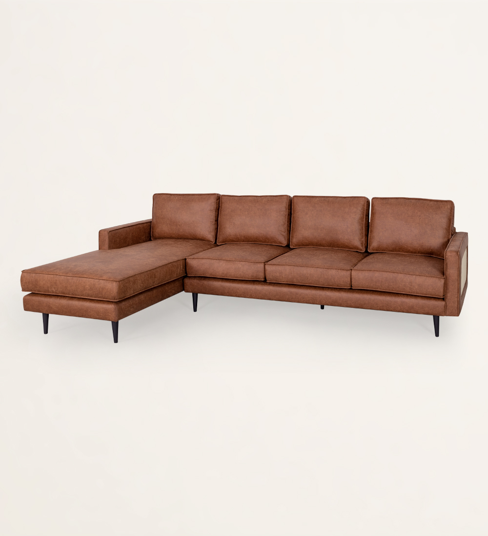 3 seater sofa with chaise longue, upholstered in fabric, with rattan detail on the sides and dark brown lacquered feet.