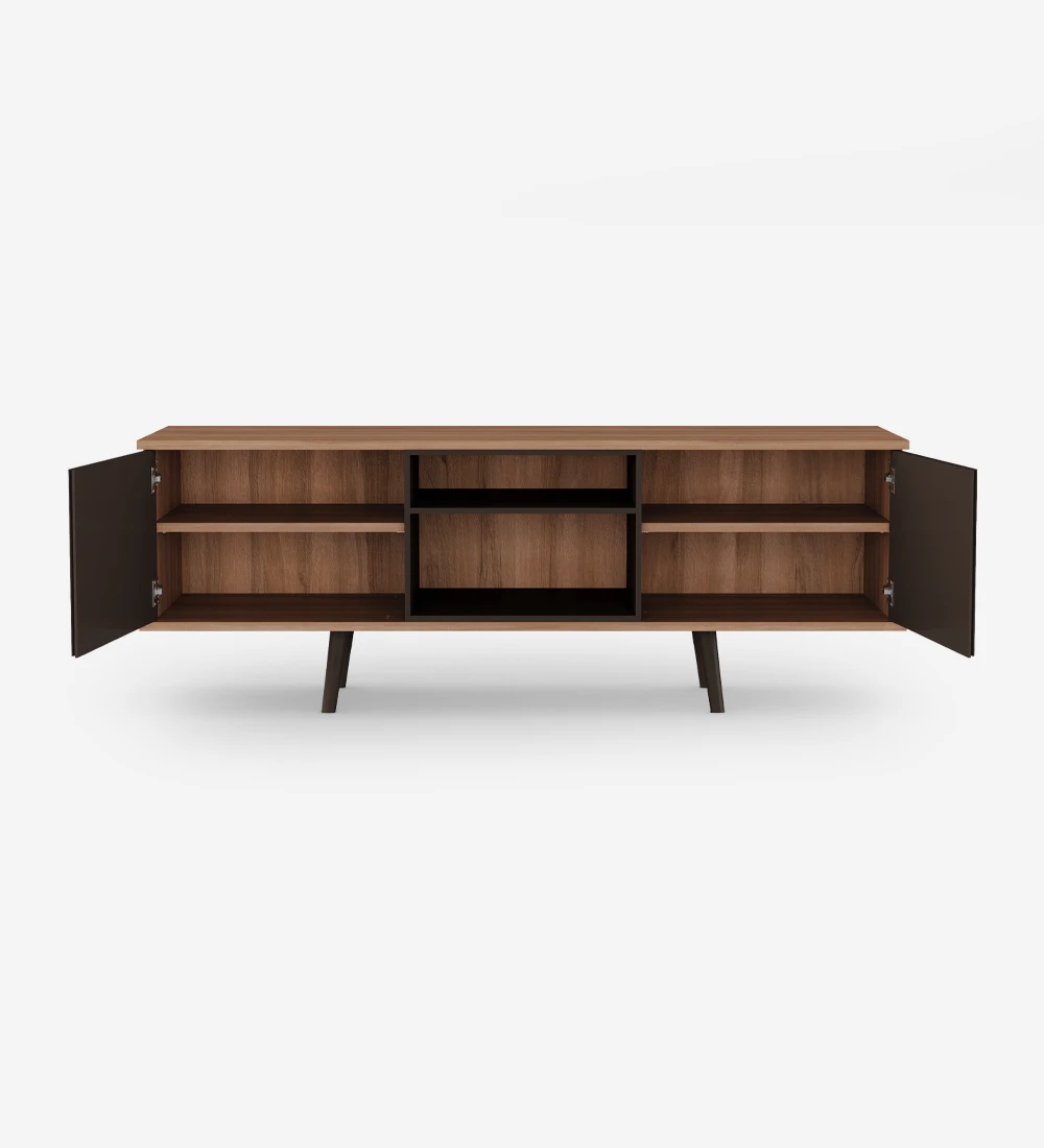 TV stand with 2 doors, module and feet lacquered in dark brown, walnut structure.