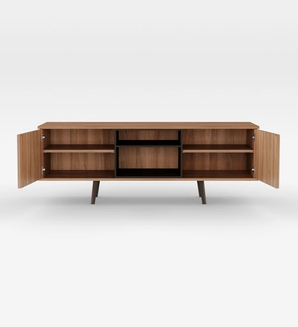 TV stand with 2 doors and a walnut structure, module and feet lacquered in dark brown.
