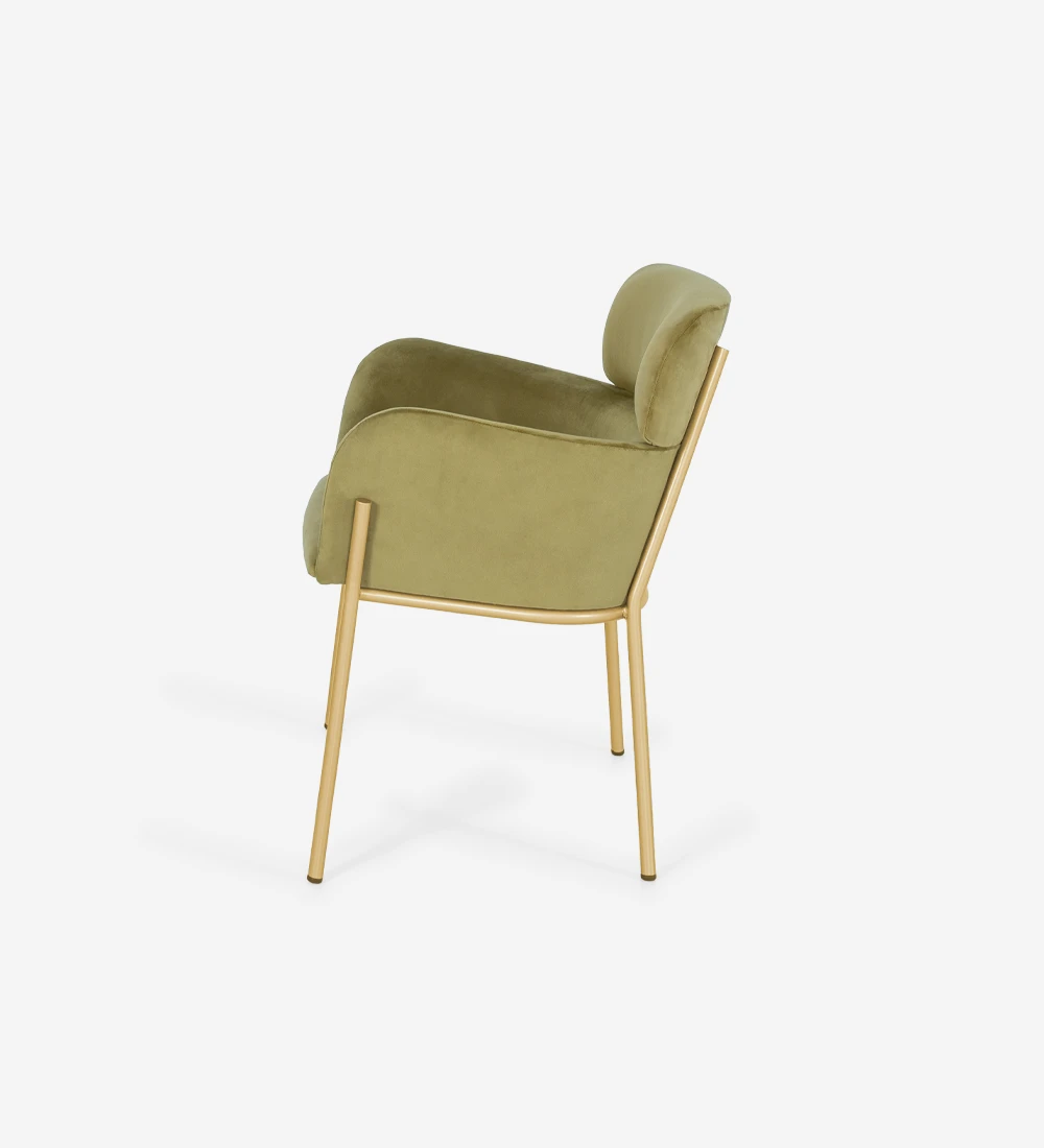 Chair with armrests upholstered in fabric, with golden lacquered metallic structure.