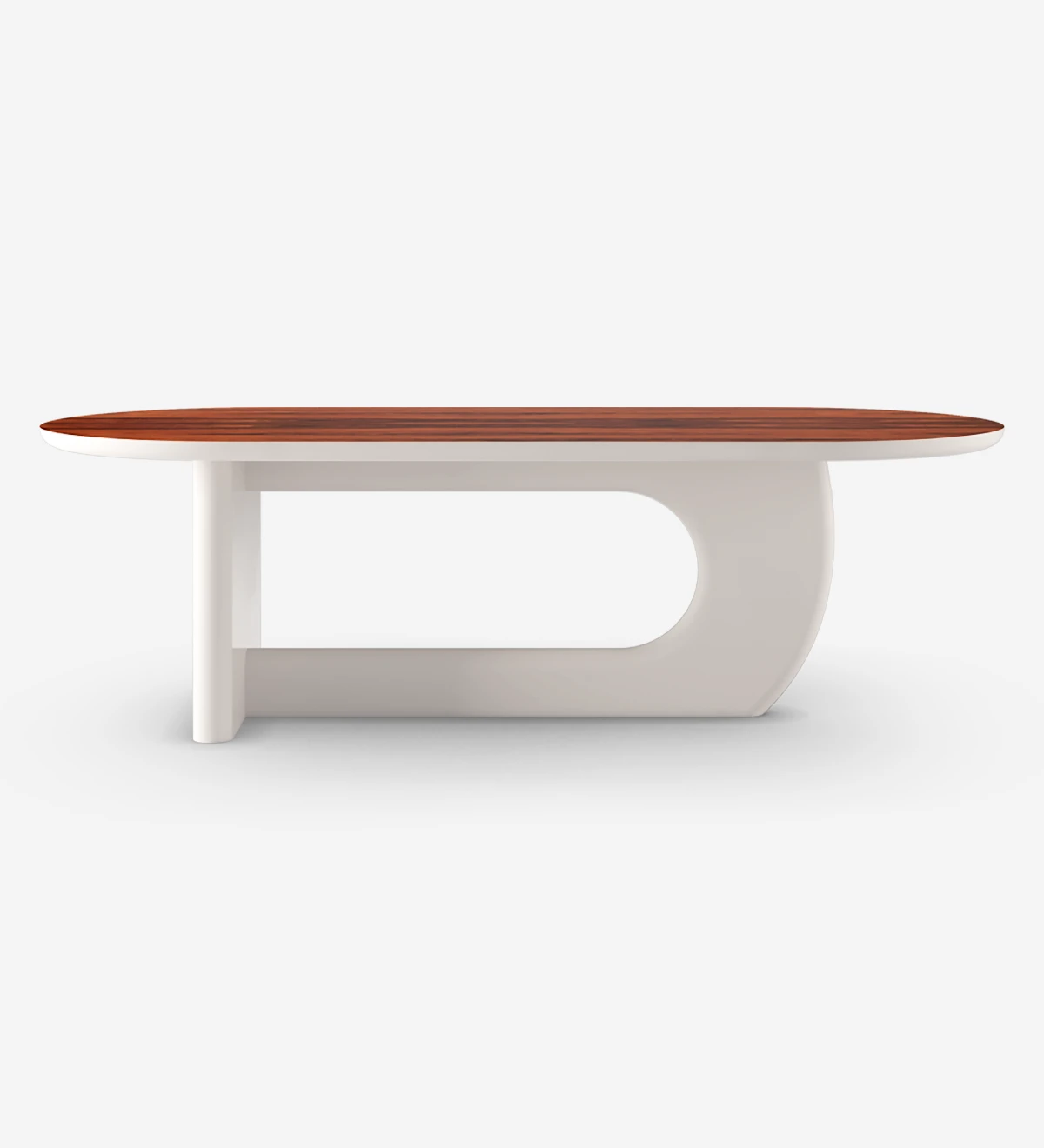 Oval dining table with high gloss palissander top and pearl lacquered foot.