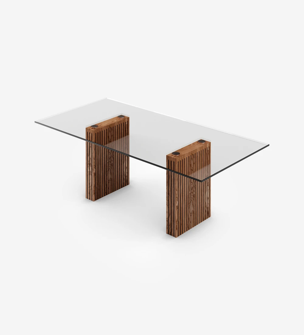 Cannes rectangular dining table 200 x 98 cm, glass top, walnut slatted feet.