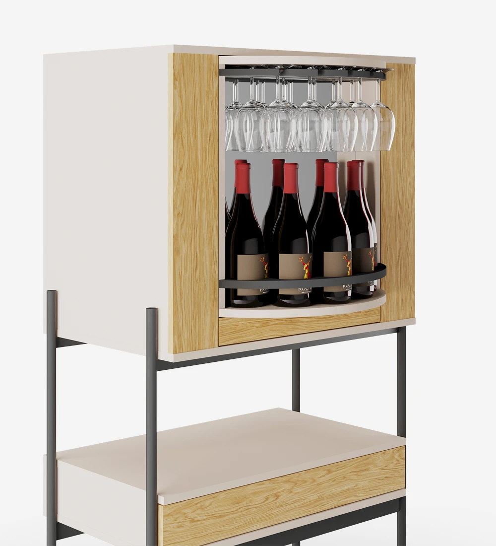 Bar cabinet with pearl structure, doors and drawer in natural oak, black lacquered metal structure, feet with levelers. Rotating center with bottle and glass holder, mirrored back.