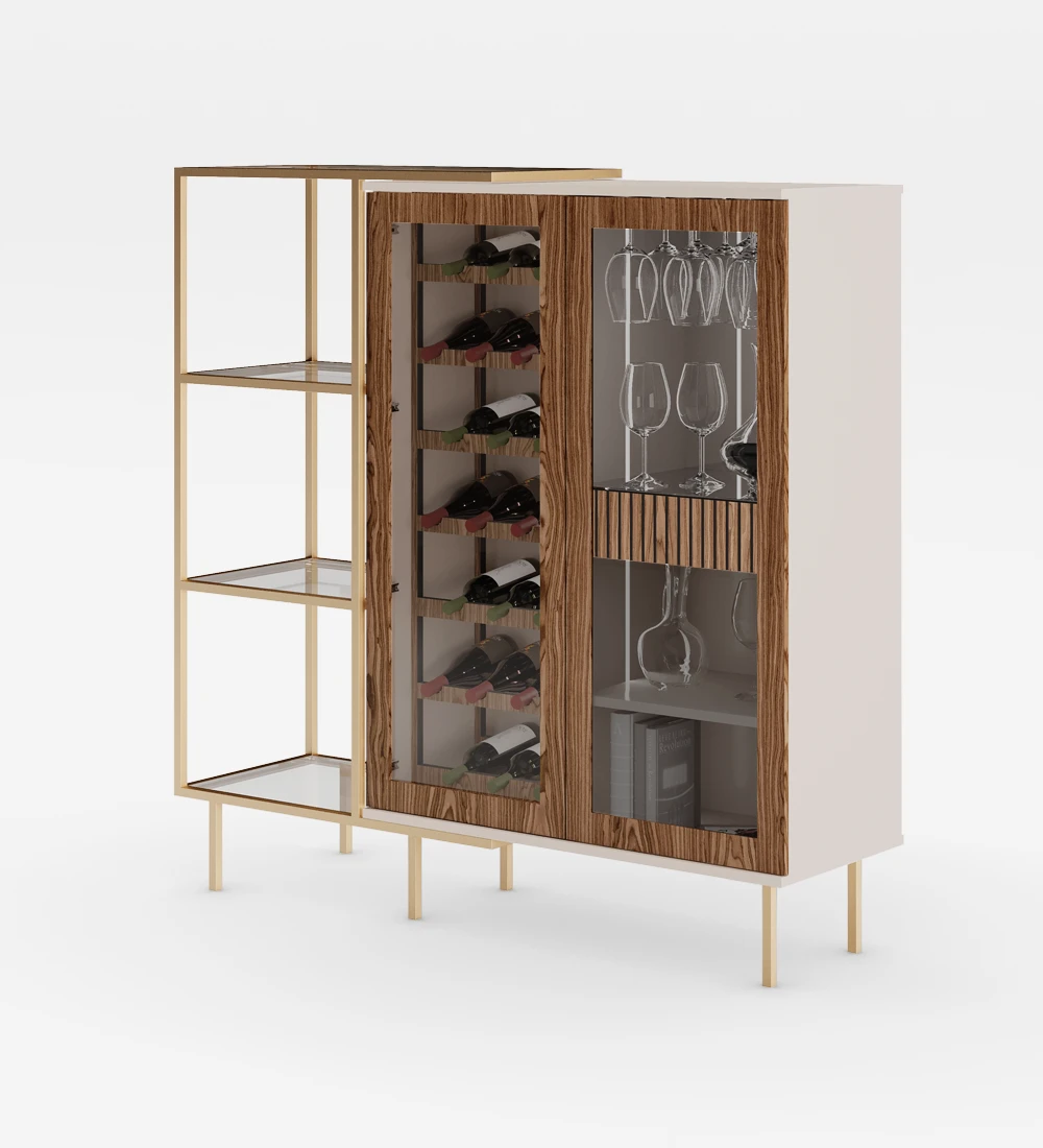 Wine cellar cabinet in walnut, with lighting, pearl structure and golden lacquered metal feet with levelers. Side extension with golden lacquered metal structure, glass shelf.