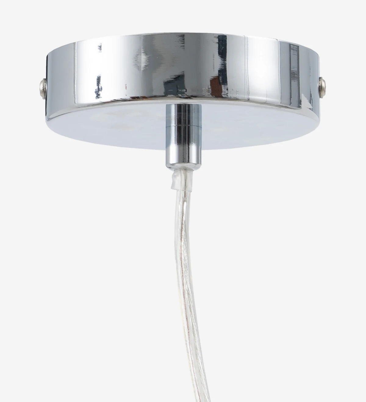 Lampe à suspension en métal chromé avec diffuseur en verre blanc et verre clair.