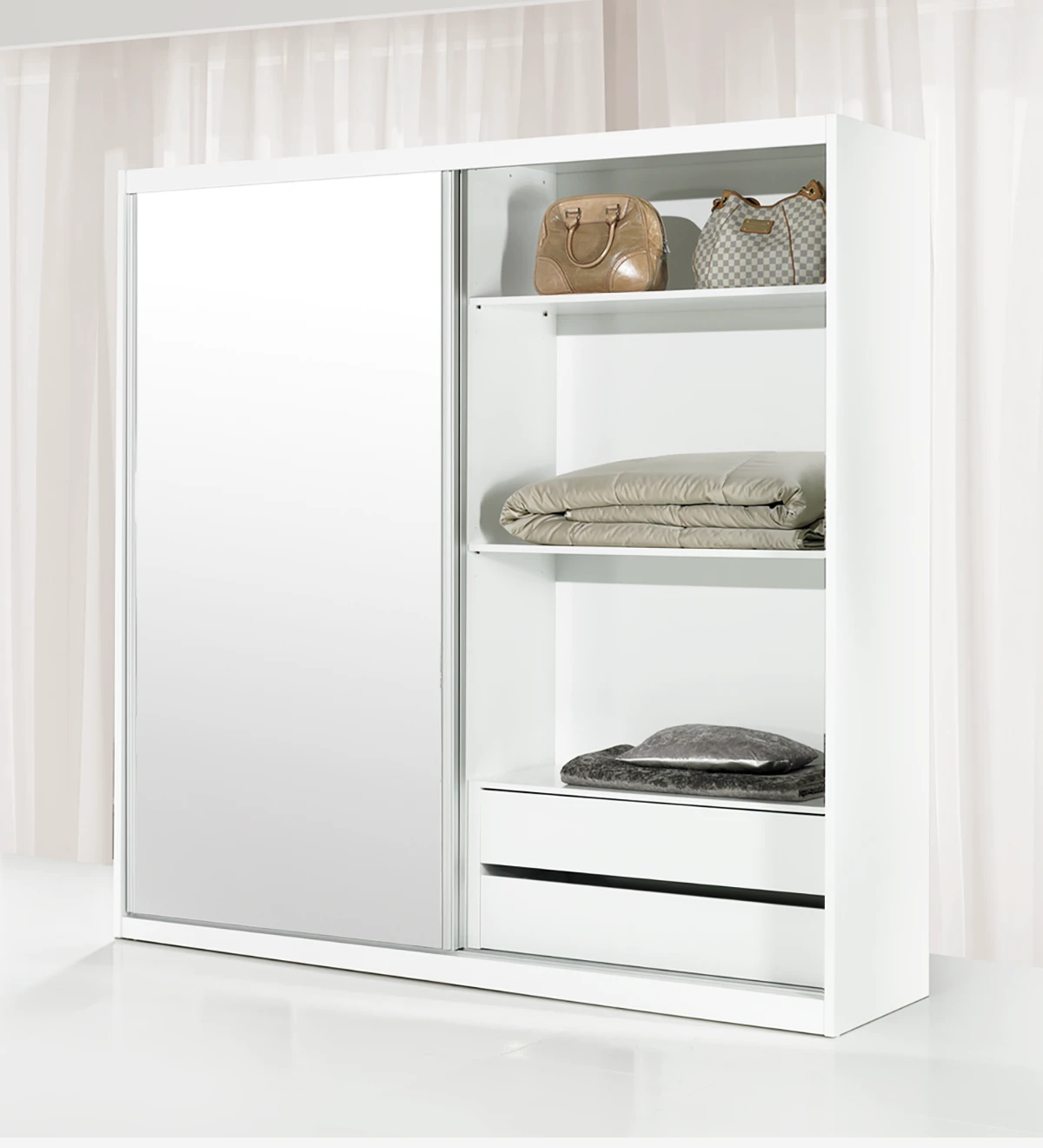 Wardrobe with 2 mirror-lined sliding doors, with 2-drawer module inside, white oak structure.