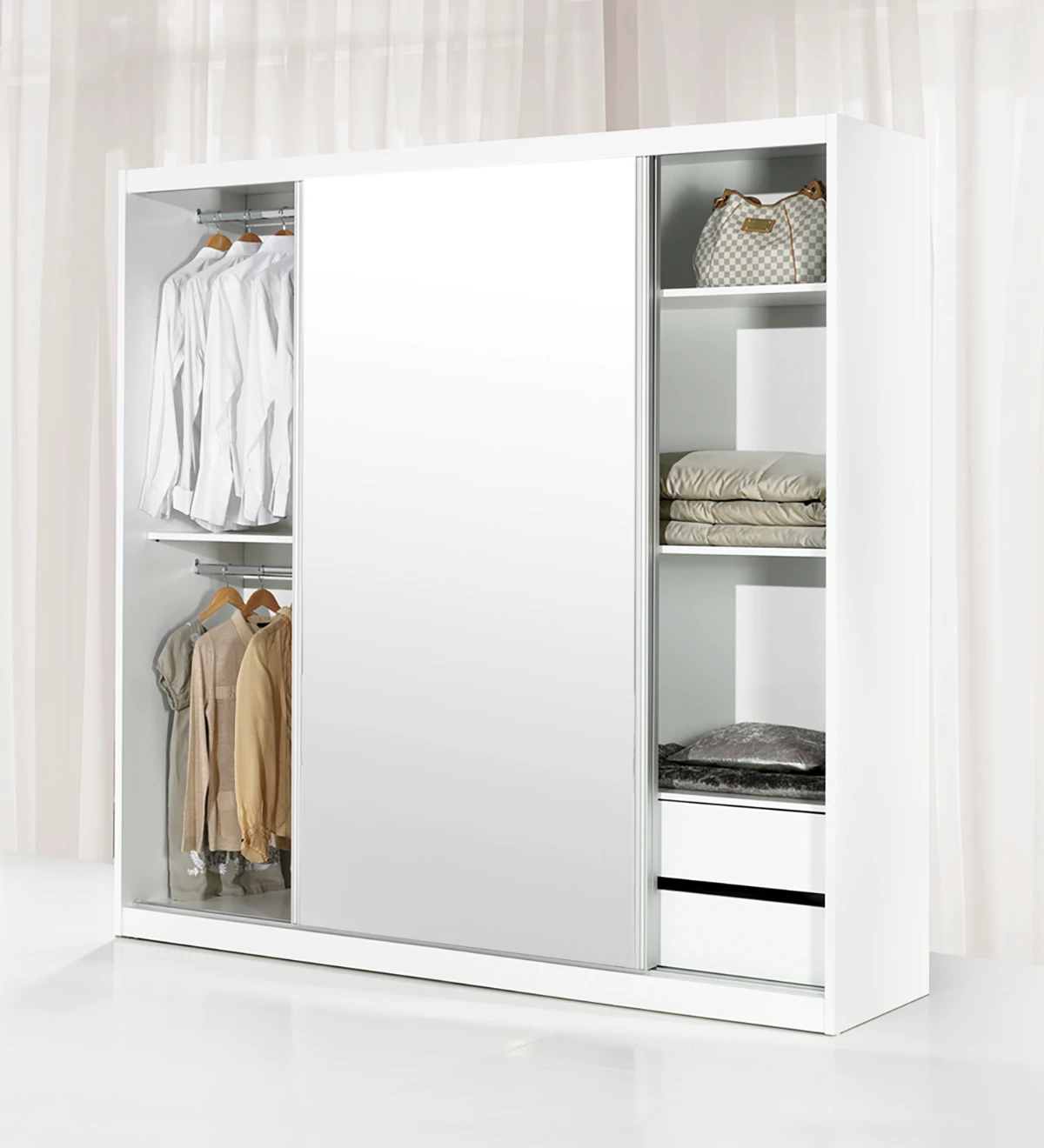 Wardrobe with 2 mirror-lined sliding doors, with 2-drawer module inside, white oak structure.