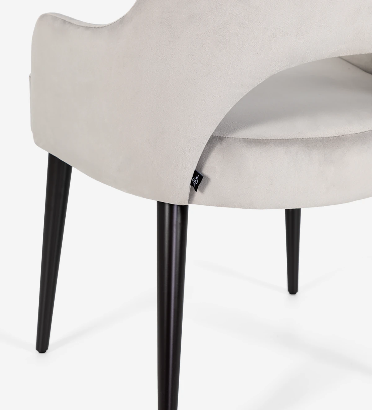 Chair with armrests, upholstered in fabric, black lacquered feet.