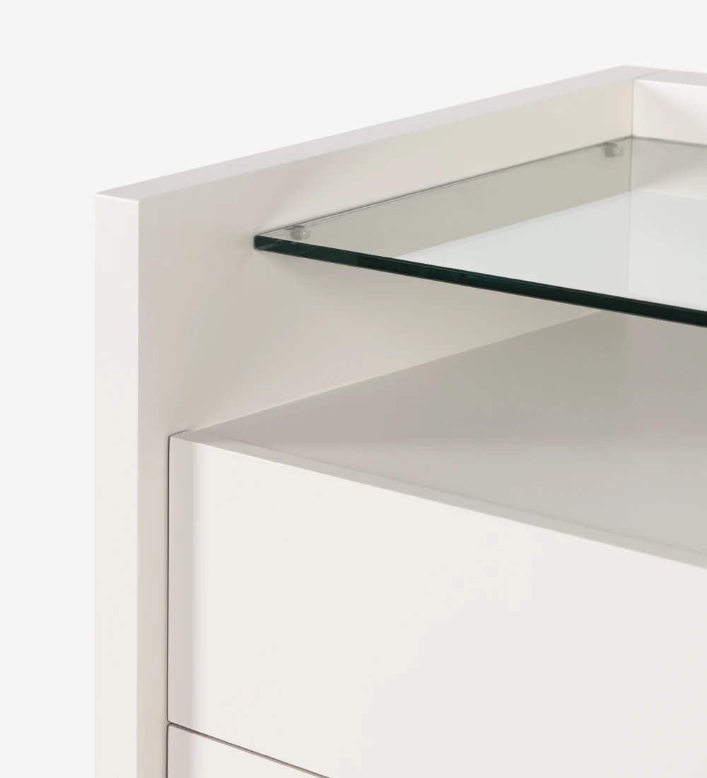 Dresser with 3 drawers, in pearl lacquered and glass shelf.