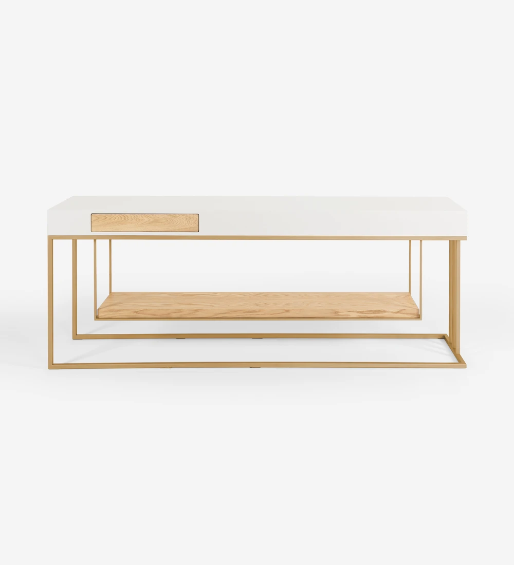 Double-sided console, with drawer on each side and shelf in natural oak, pearl lacquered structure and golden lacquered metal foot.