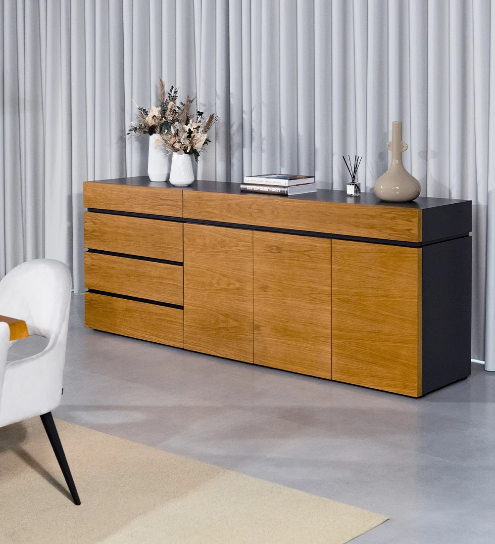 Sideboard with doors and drawers in honey oak, black lacquered structure, with drawer for cutlery.
