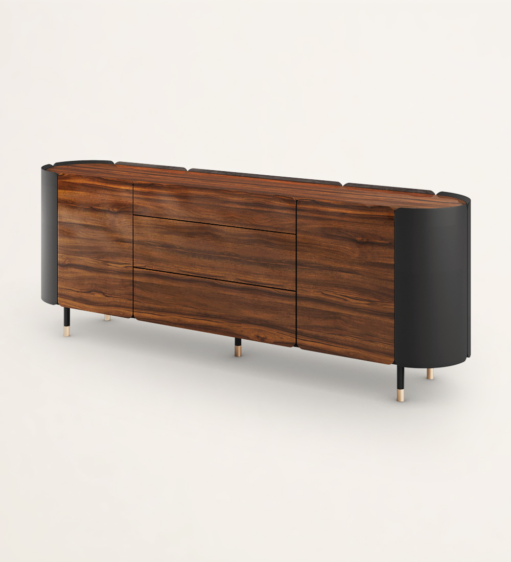 Sideboard with 2 doors and 3 drawers in selected walnut, black lacquered frame, interior glass shelves, black lacquered legs with gold detail.