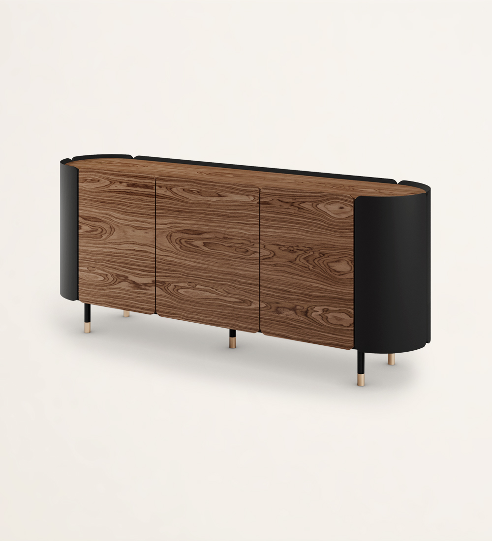 Sideboard with 3 doors and top in selected walnut, black lacquered frame, interior glass shelves and black lacquered feet with gold detail.