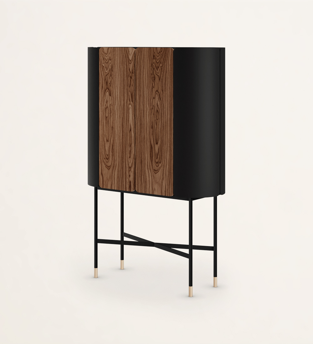 Cupboard with 2 doors in black lacquer and selected walnut, interior glass shelves, black lacquered legs with gold detail.