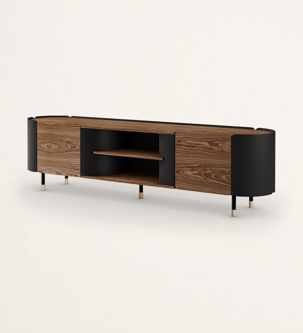 TV stand with 2 doors and black lacquered structure, central shelves and top in walnut, interior glass shelves, black lacquered feet with gold detail