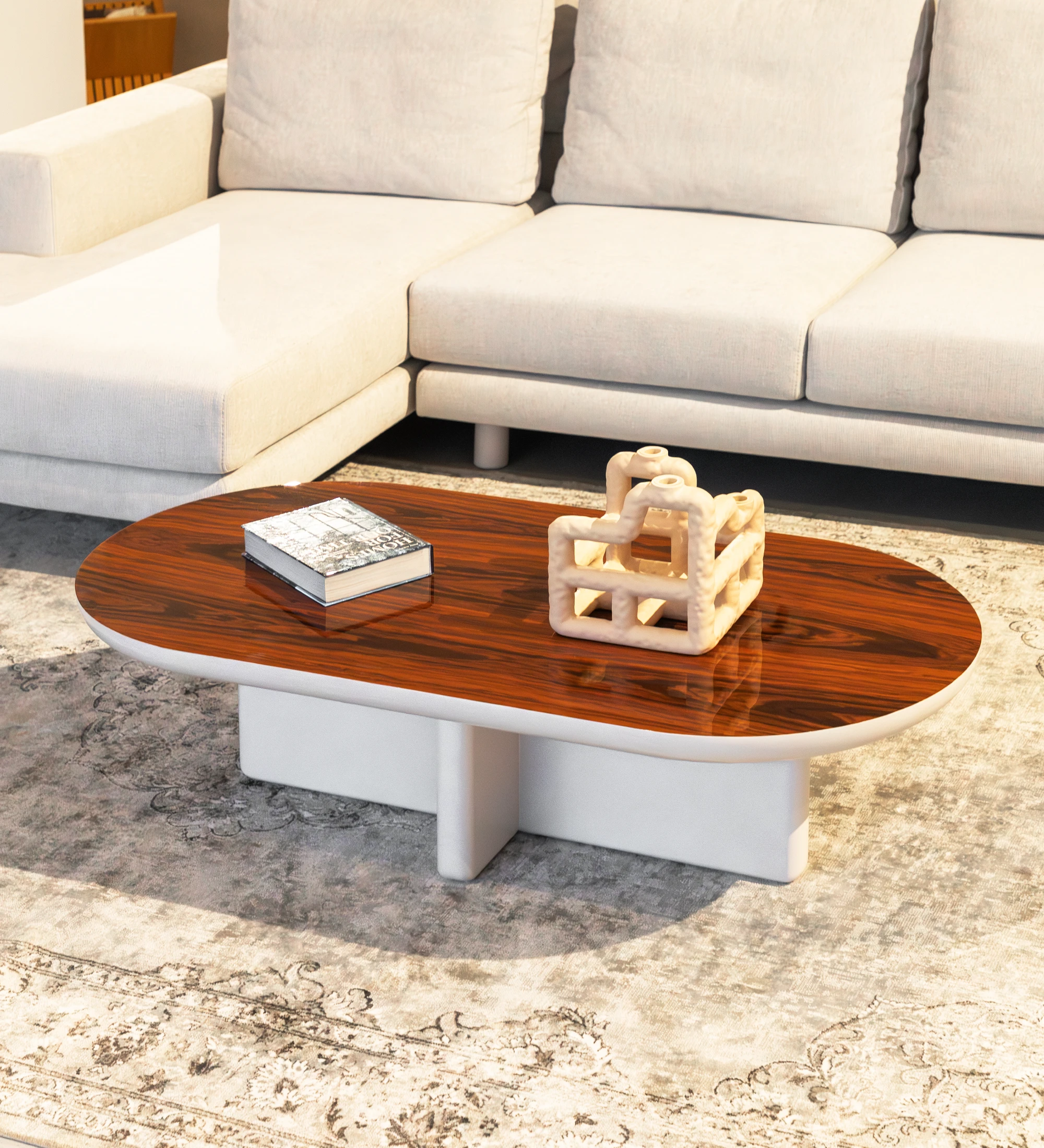 Mónaco rectangular center table, high gloss palissander top, pearl lacquered foot, 120 x 60 cm.