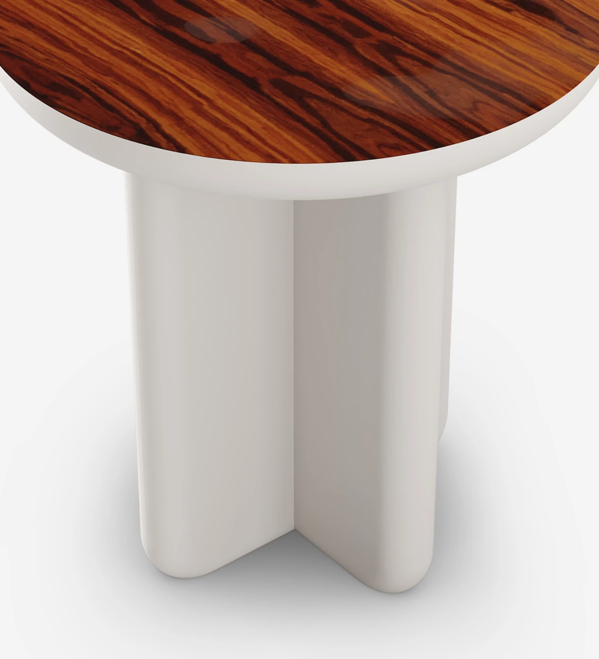 Table d'Appui ronde avec pied en finition laquée perle et plateau en palissandre brillant.