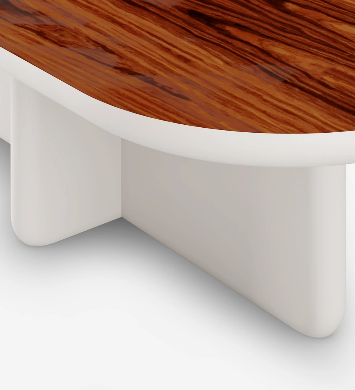 Rectangular center table with foot in pearl lacquer and top in selected high-gloss walnut.