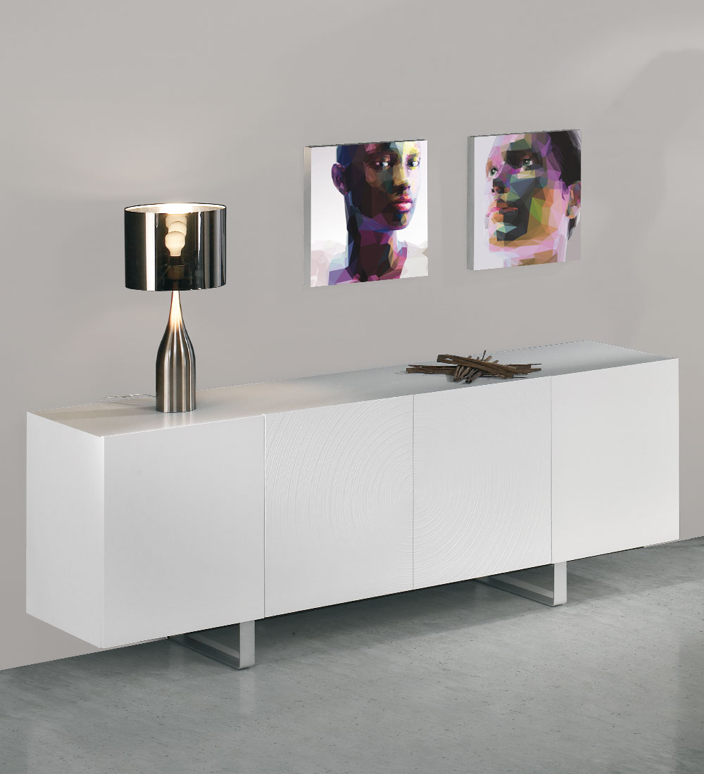 Sideboard with 4 doors, central spiral doors, white lacquered, with metal feet.