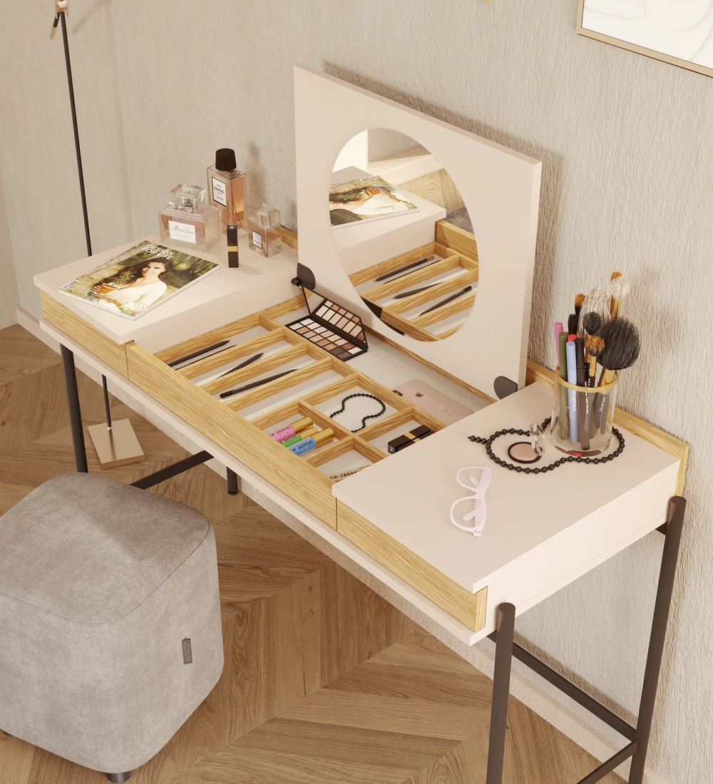 Dressing Table with 2 drawers in natural oak, pearl structure and black lacquered metal feet with levelers.