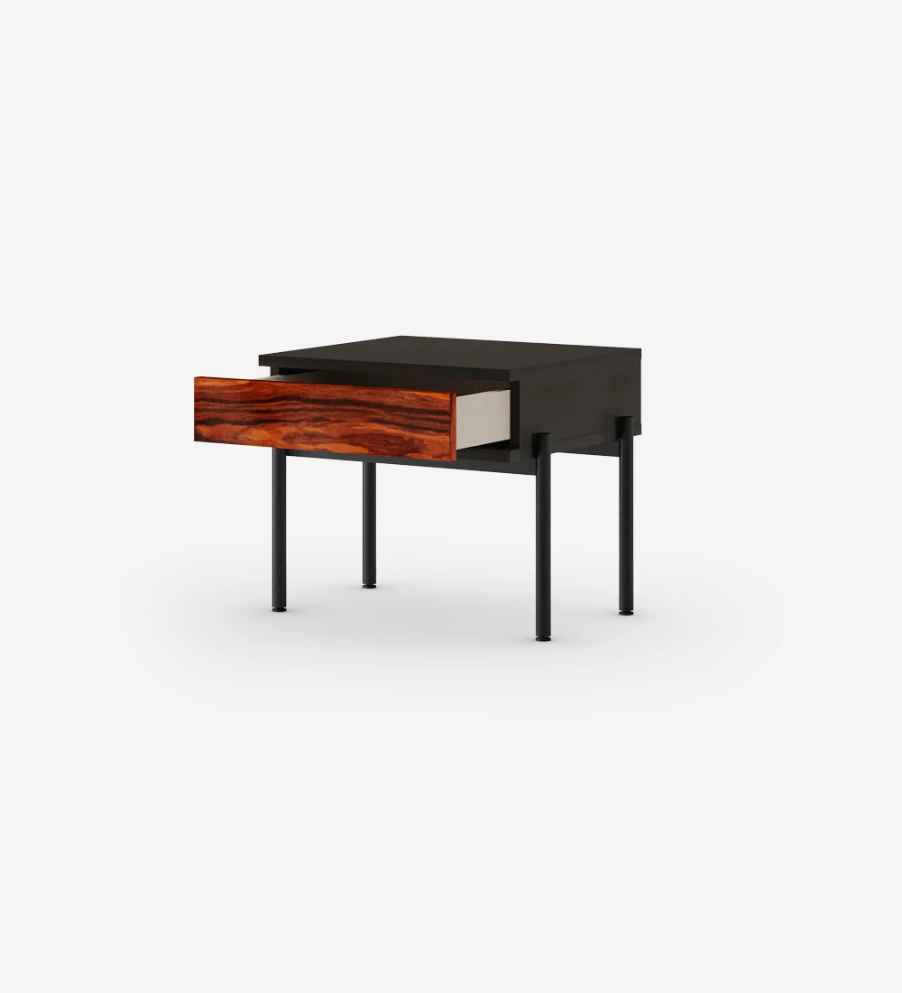 Bedside table with drawer in high gloss palissander, black structure, black lacquered metal feet with levelers.