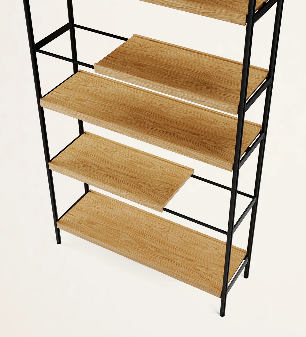 Double-sided bookcase in natural oak, with black lacquered metal structure, feet with levelers.