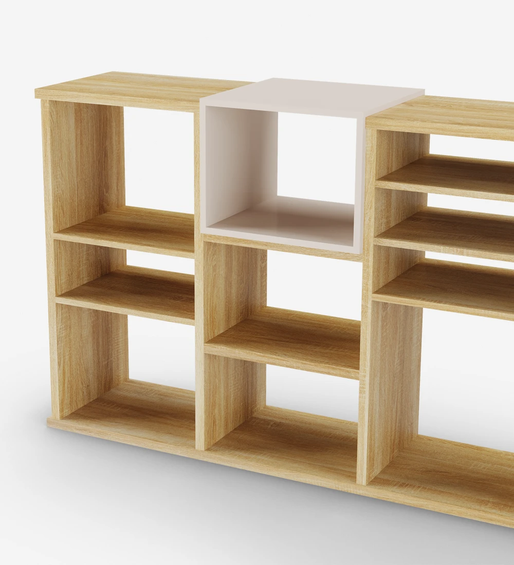 Horizontal bookcase in natural color oak with a pearl lacquered module.