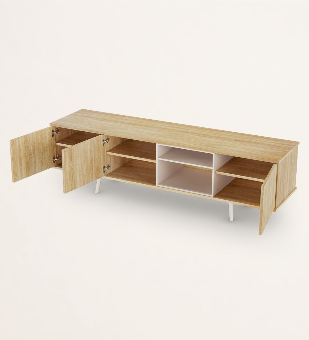 TV stand with 3 doors and structure in natural oak, module and feet lacquered in pearl.