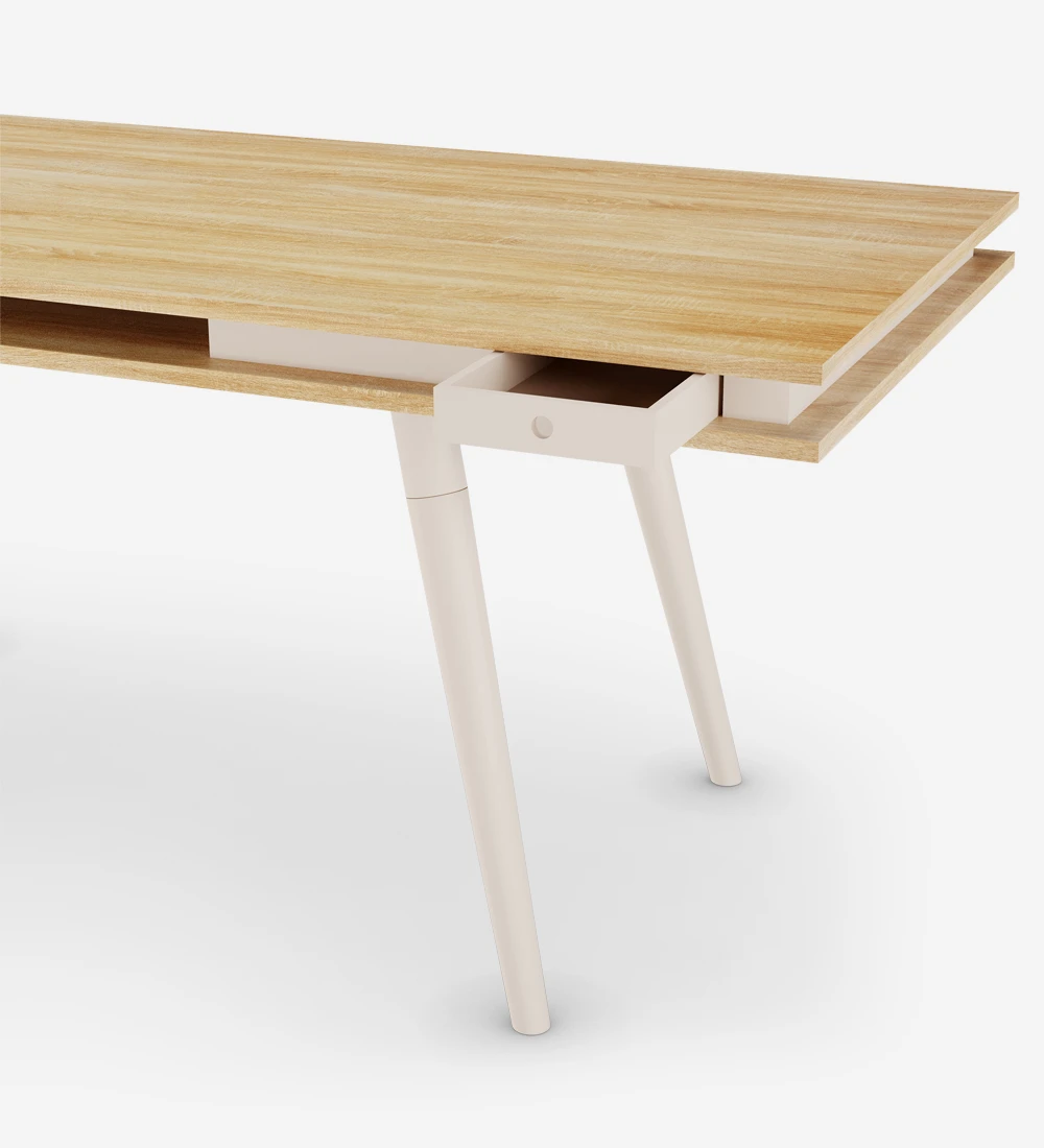 Desk with natural oak table top, pearl lacquered turned legs.