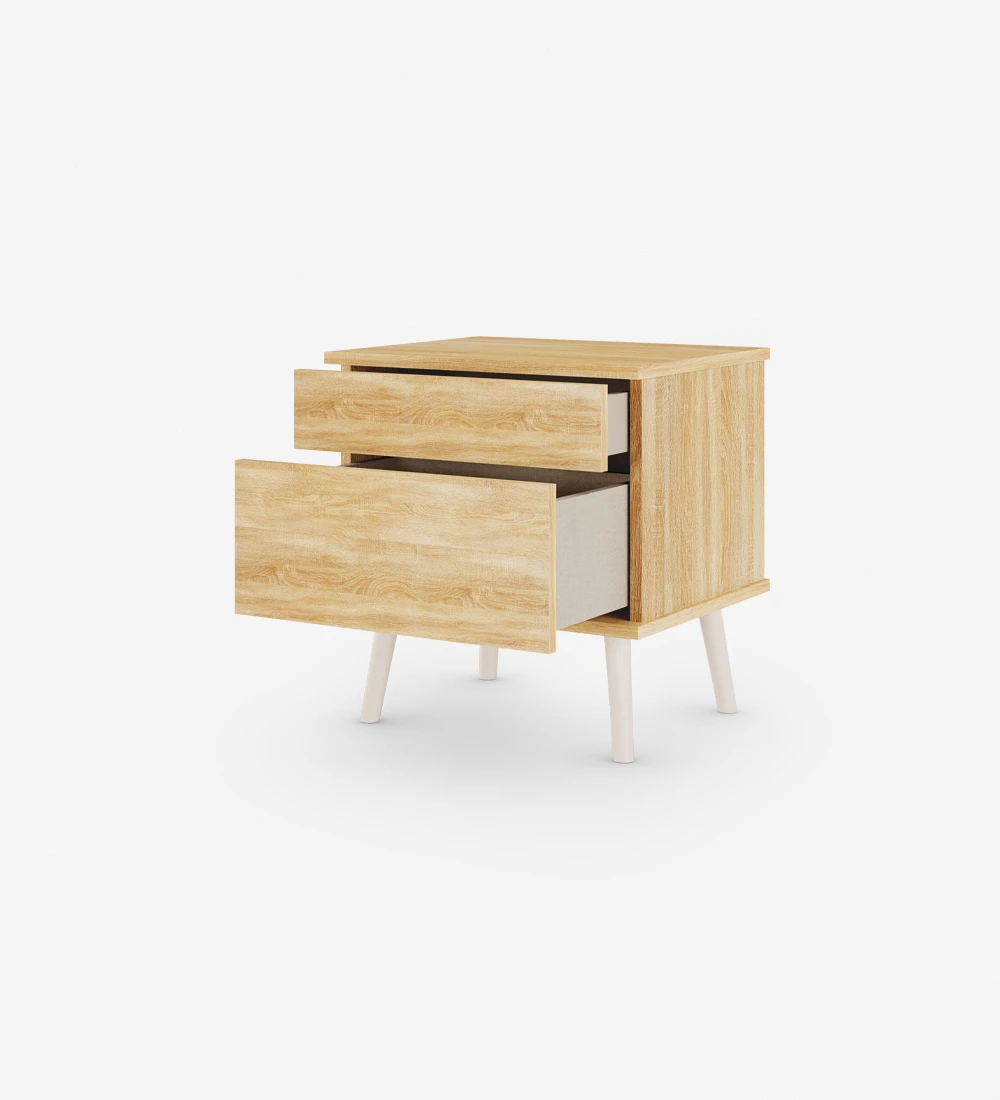 Bedside Table with 2 drawers, turned feet lacquered in pearl and natural oak structure.