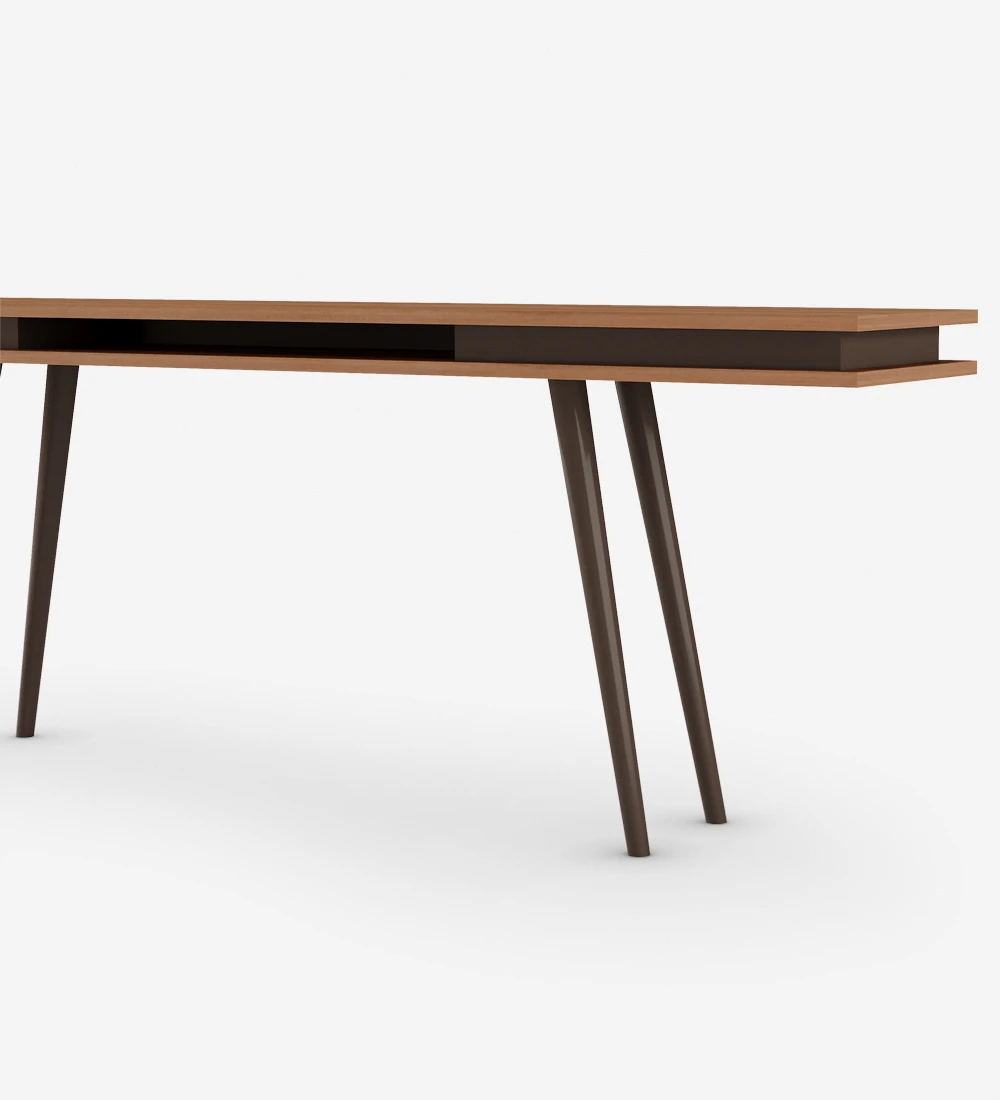 Console in walnut, with dark brown lacquered turned legs.