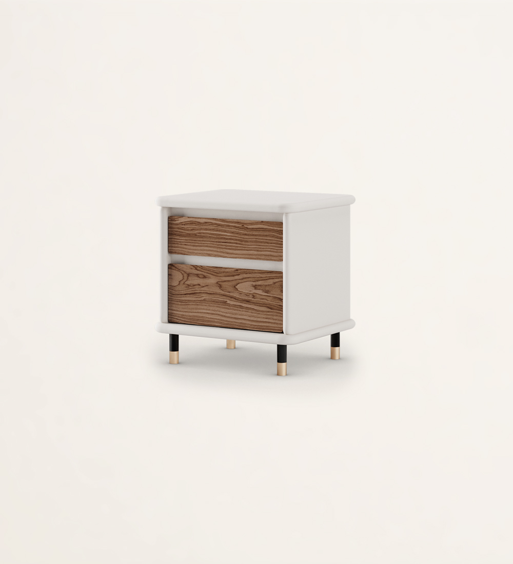 Bedside table with 2 drawers in walnut and structure in pearl lacquered, black lacquered feet with golden detail.
