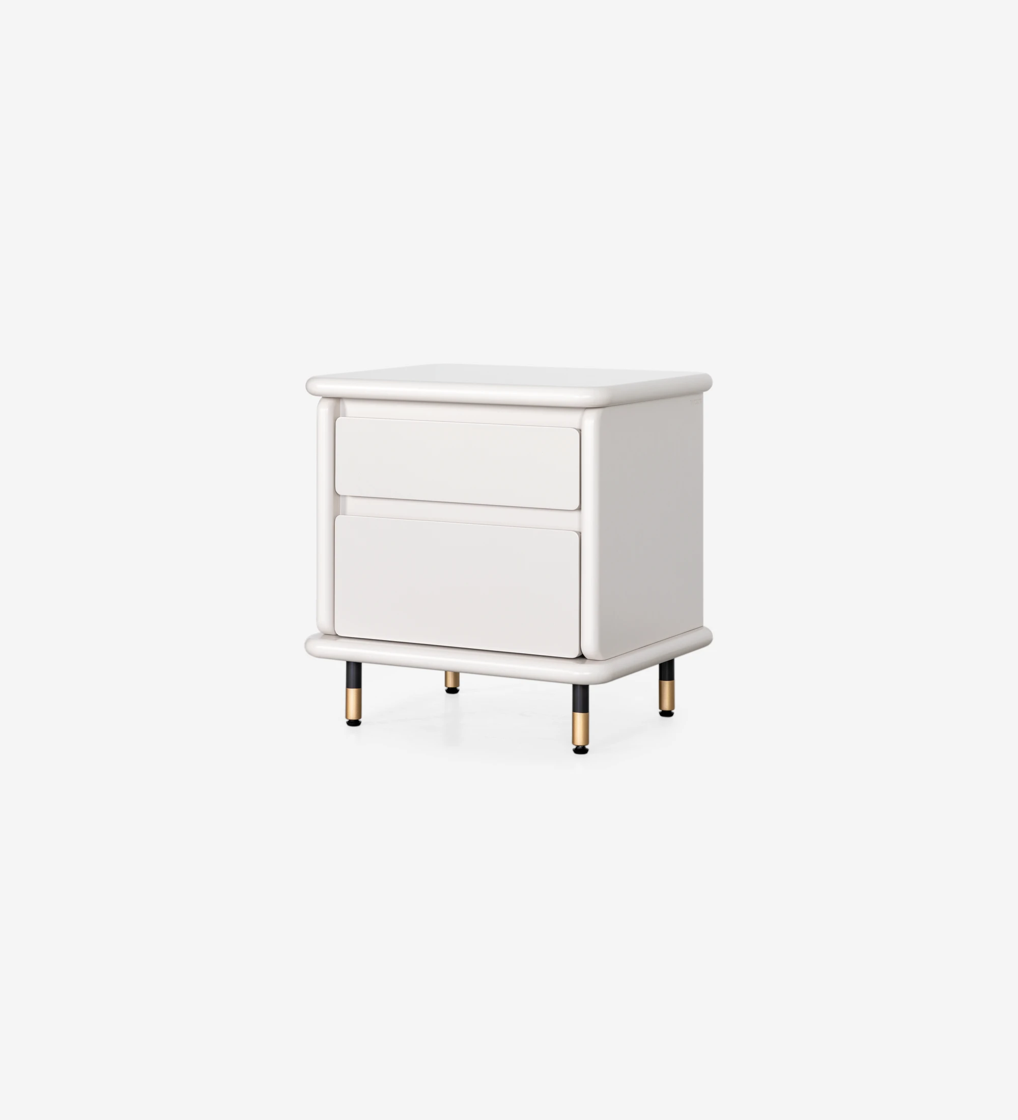 Bedside table with 2 drawers and structure in pearl lacquered, black lacquered feet with golden detail.