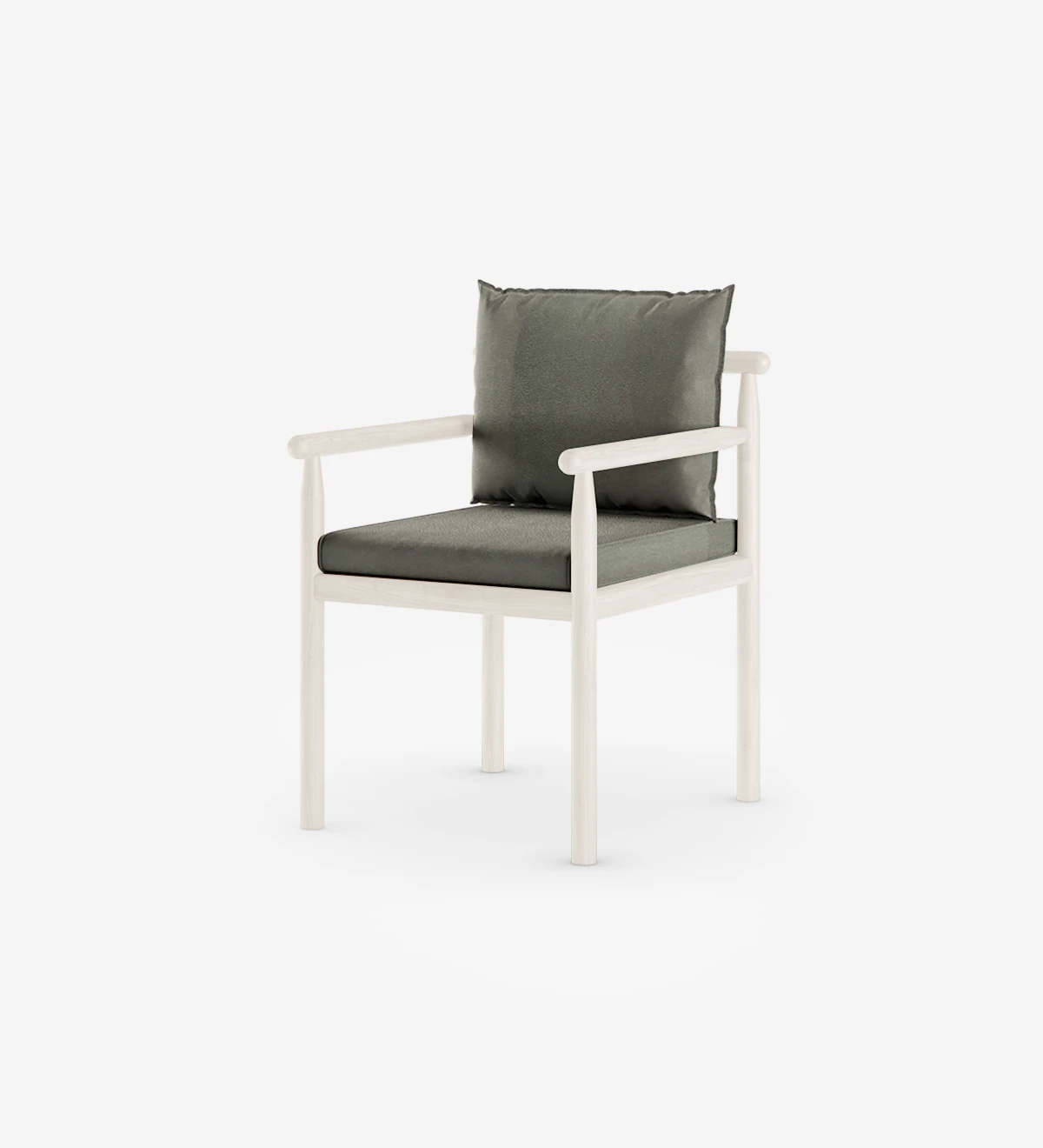 Cadeira com braços, almofadas estofadas a tecido e estrutura lacado pérola.