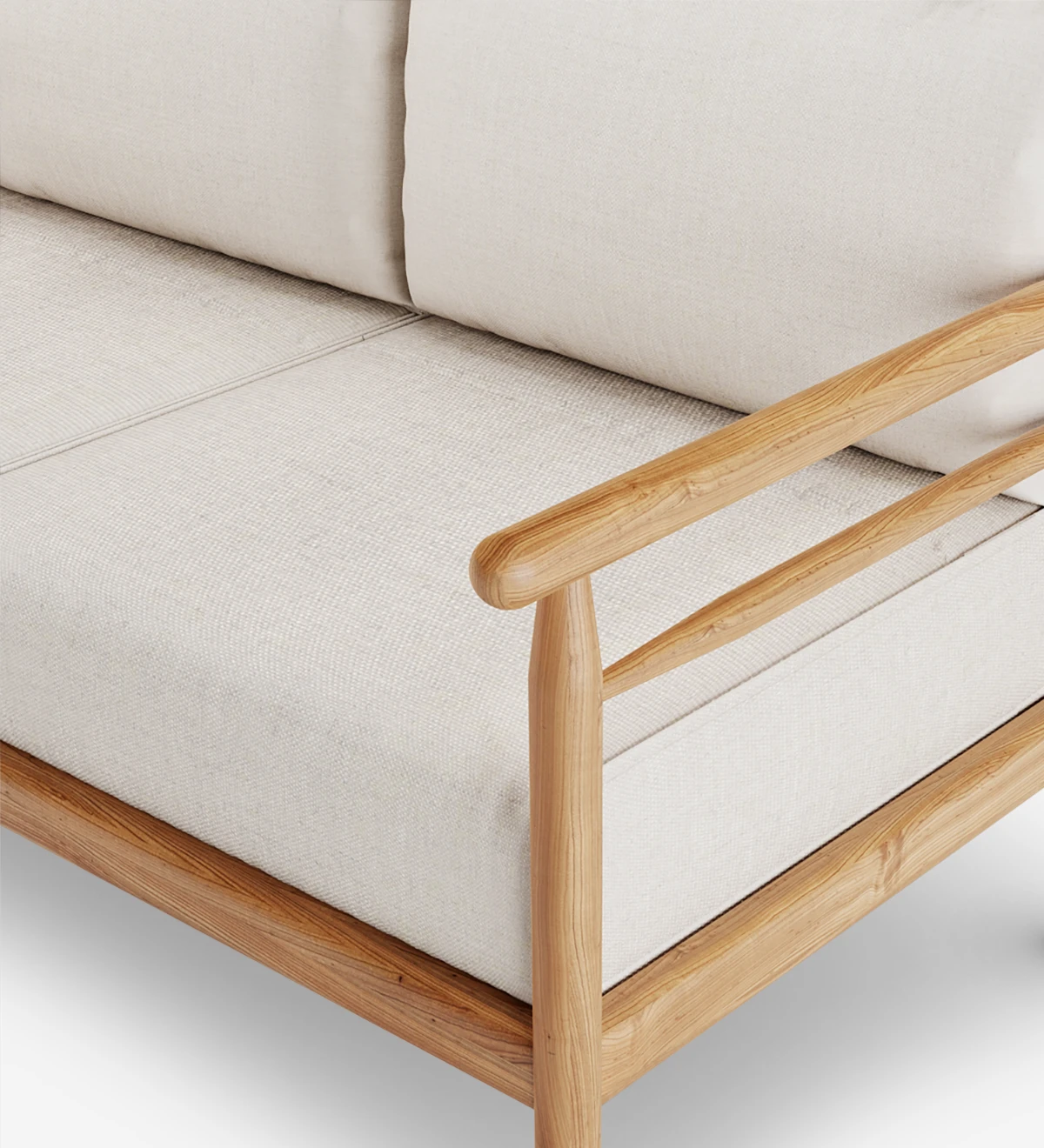 Canapé 2 places avec coussins rembourrés en tissu et structure en bois naturel