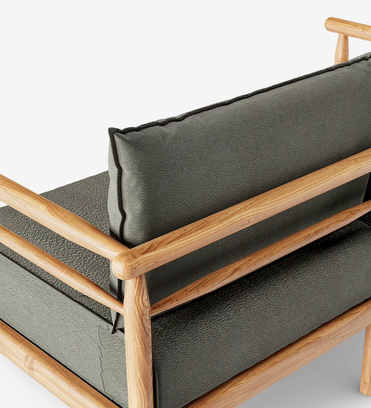 Canapé 2 places avec coussins rembourrés en tissu et structure en bois naturel