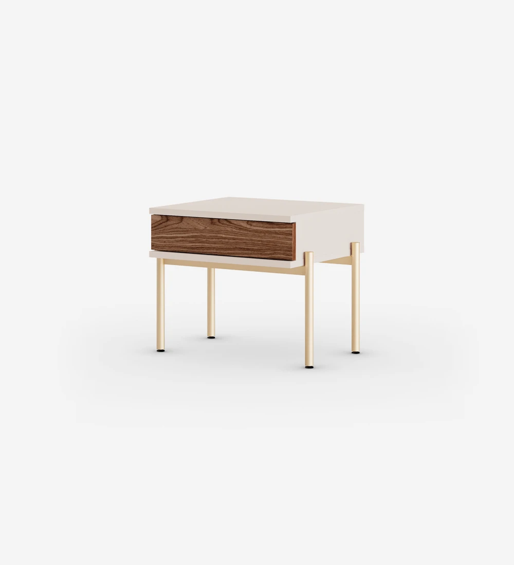 Bedside table with walnut drawer, pearl structure and golden lacquered metal feet with levelers.