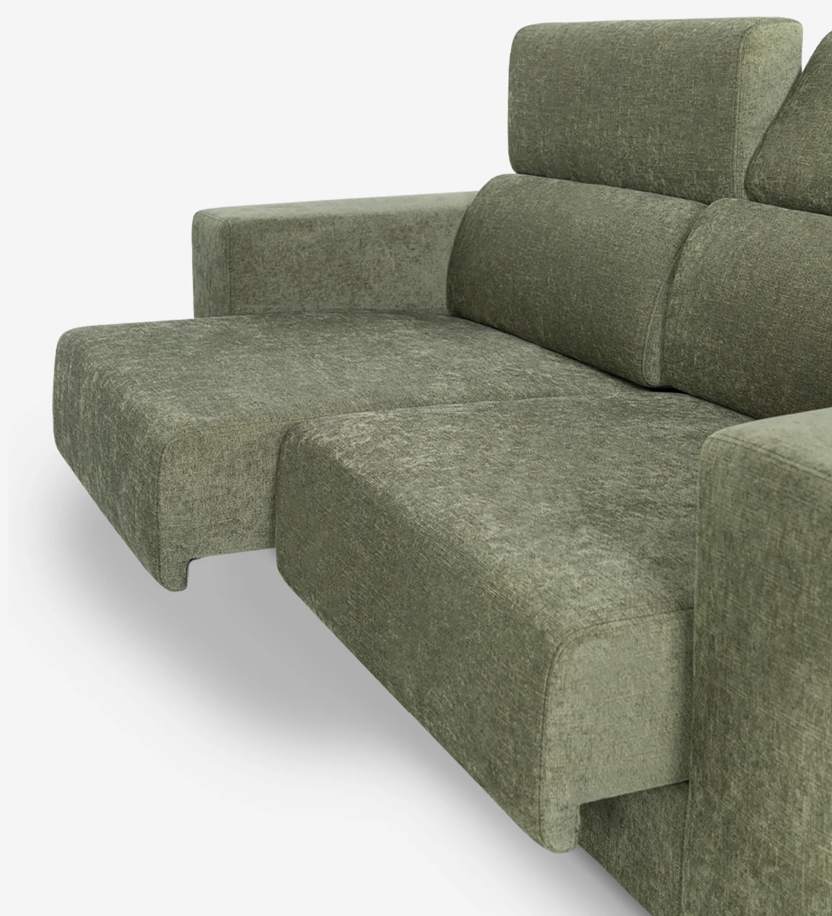 Sofá de 2 lugares estofado a tecido, com apoios de cabeça reclináveis e assentos deslizantes.