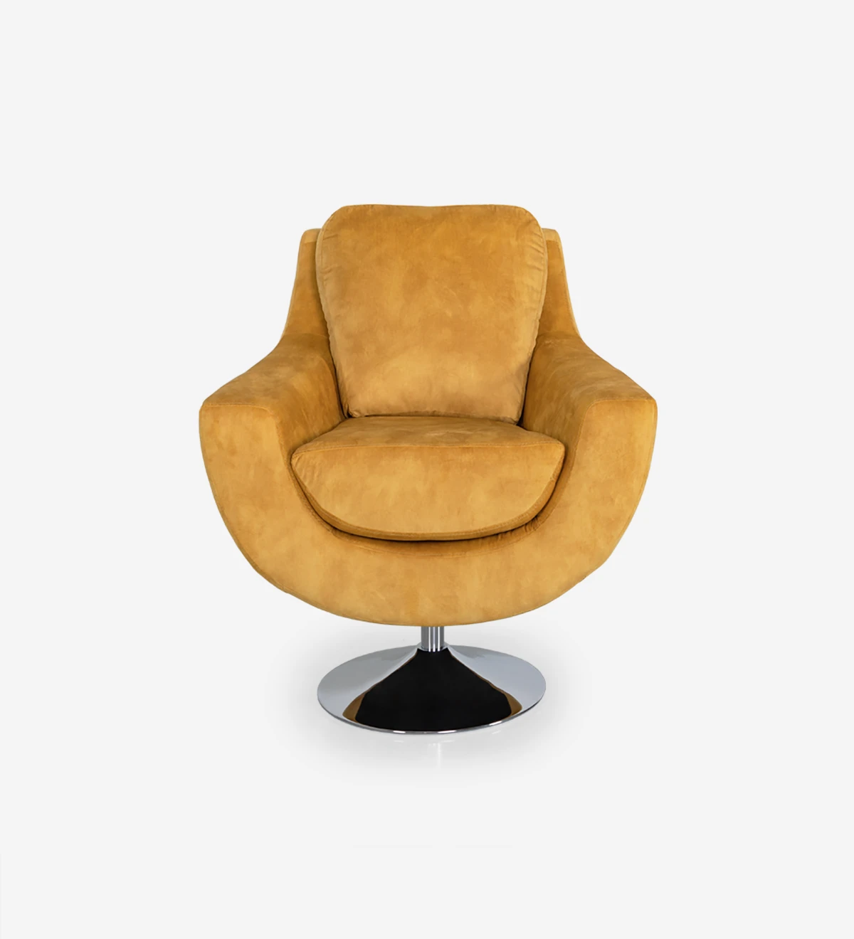 Armchair upholstered in fabric with swivel base.