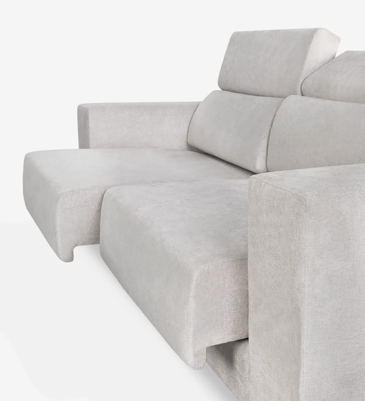 2 seater, upholstered in fabric, with reclining headrests and sliding seats.