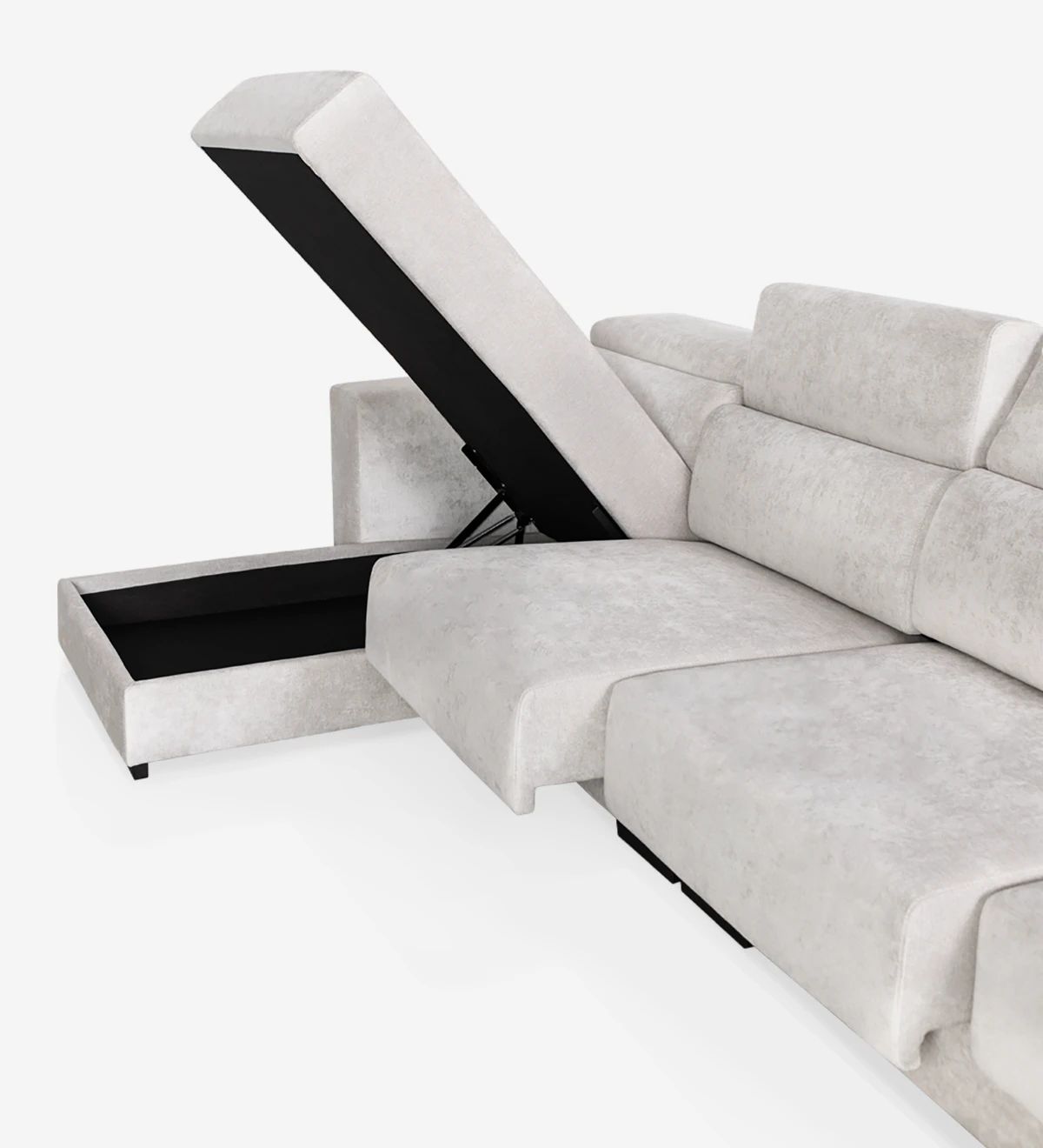 Canapé 3 places avec chaise longue, revêtu de tissu, avec têtières inclinables et sièges coulissants.