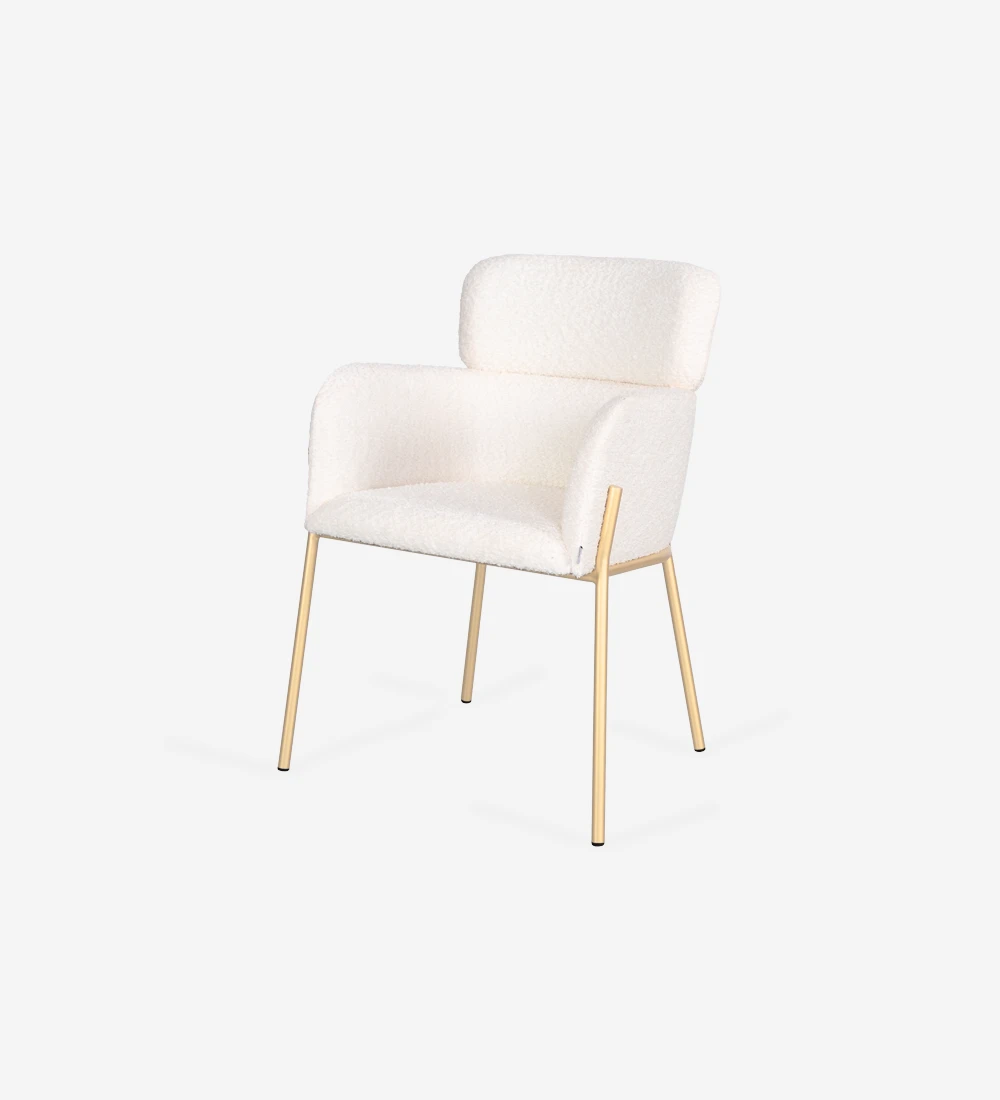 Chaise avec accoudoirs revêtus de tissu, avec structure métallique laquée en or.