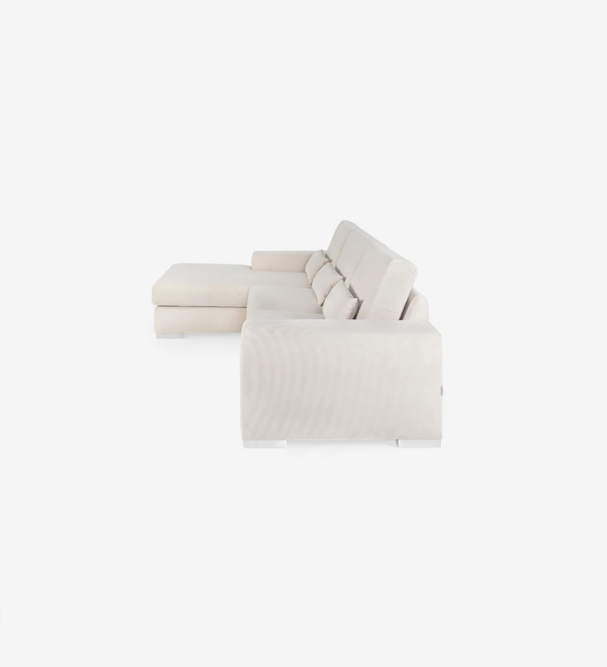 Canapé 2 places avec chaise longue, recouvert de tissu.