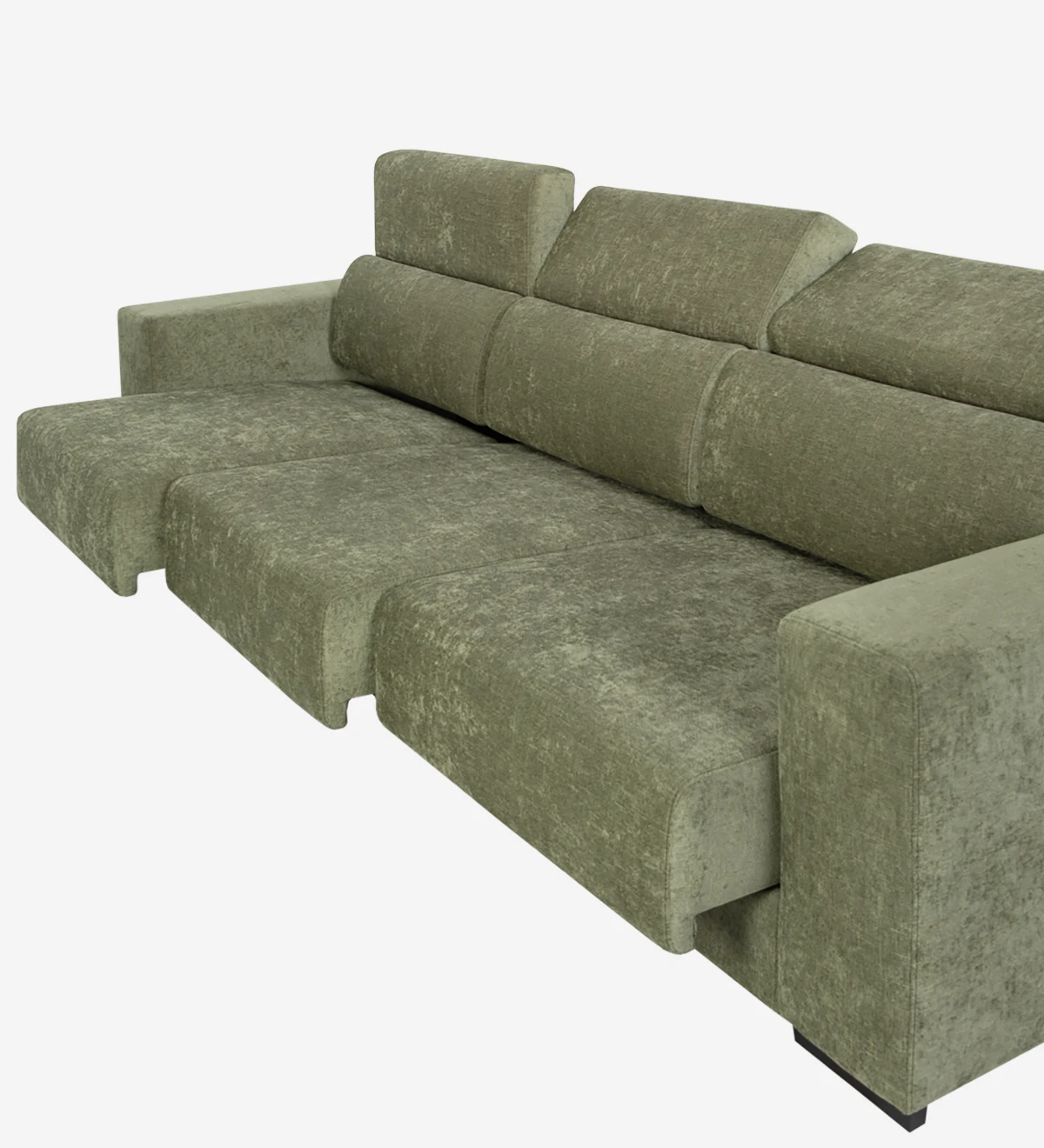 3 seater, fabric upholstered, with reclining headrests and sliding seats.