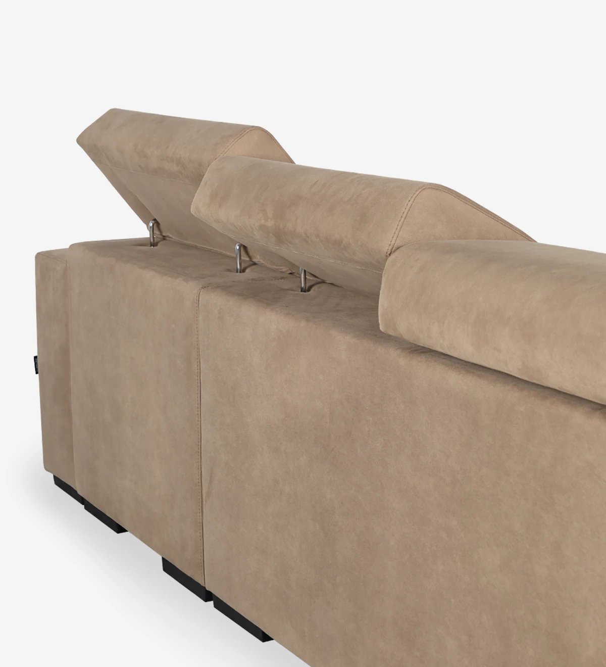 Canapé 2 places avec chaise longue réversible, revêtu de tissu, avec têtières inclinables, sièges coulissants et rangement sur la chaise longue.