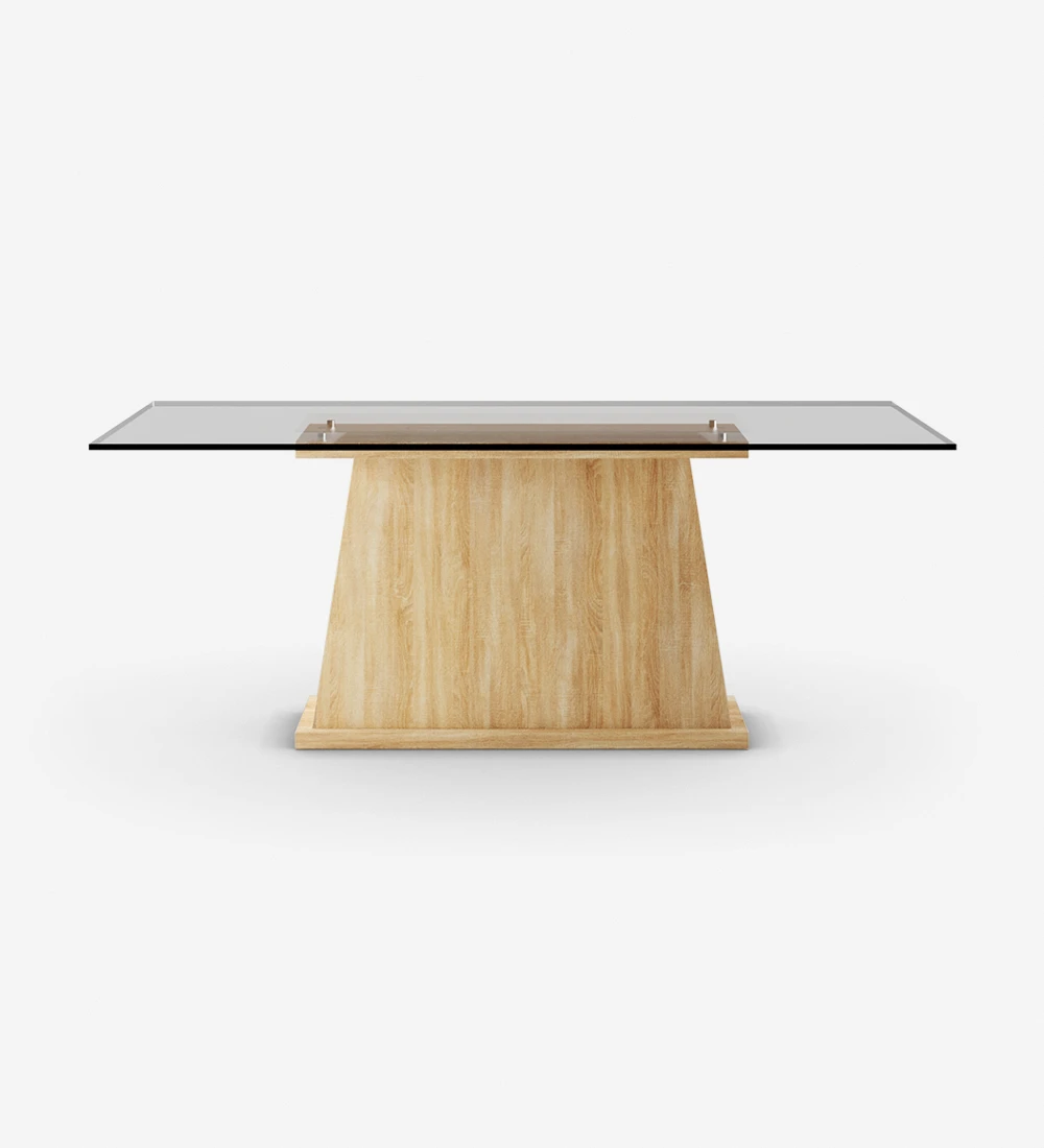 Mesa de comedor Oslo rectangular 200 x 98 cm, tapa en cristal, pie central en roble natural.