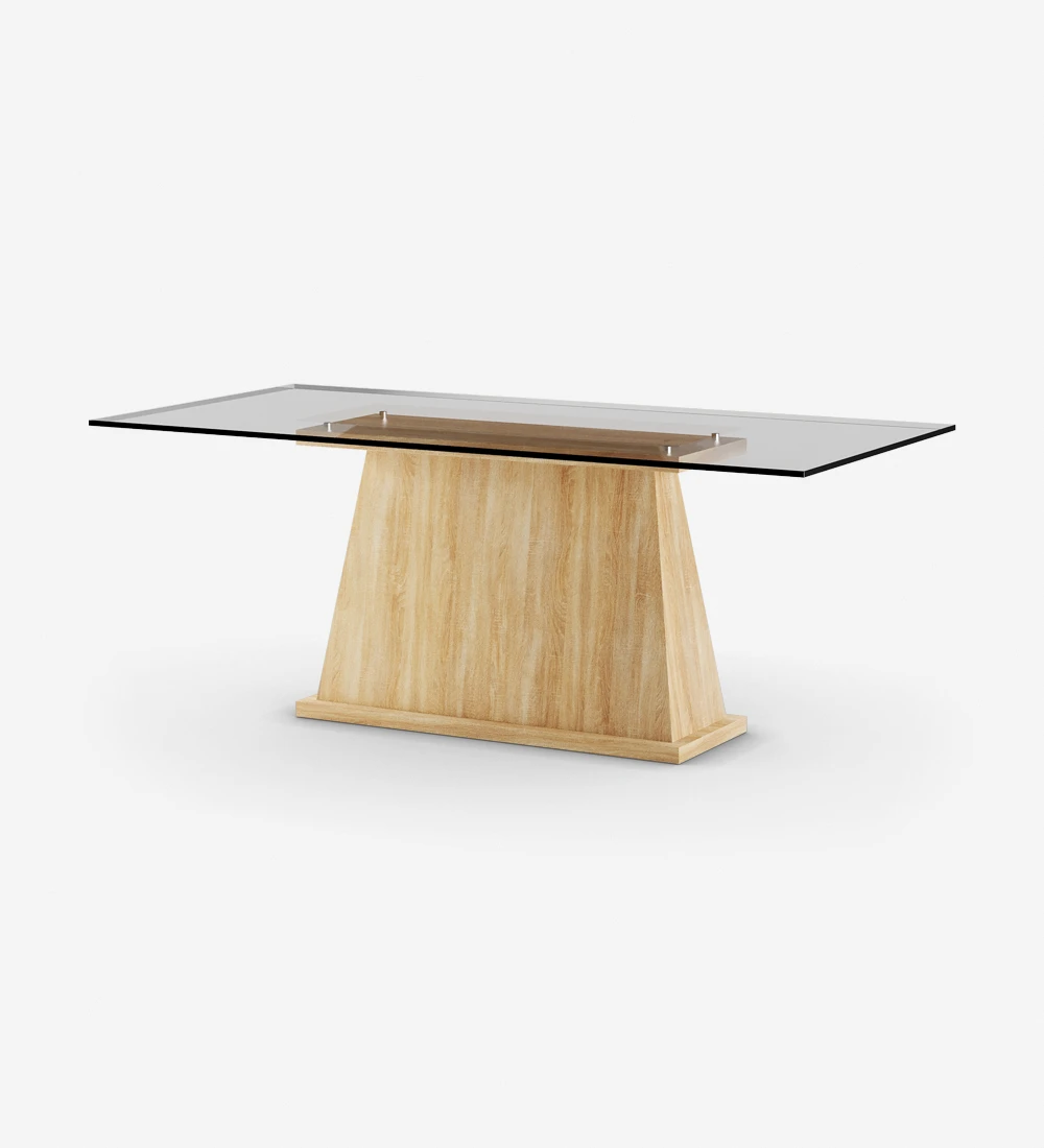 Table de repas rectangulaire Oslo 200 x 98 cm, plateau en verre, pied central en chêne naturel.